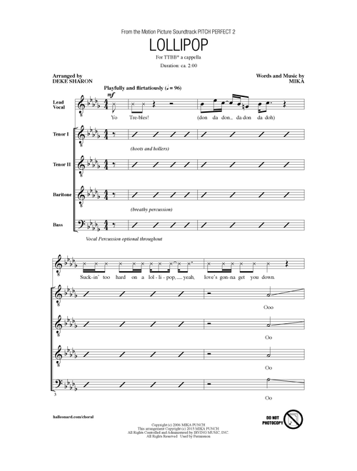 Lollipop (Arr. Deke Sharon) - Mika (Choral, TTBB)