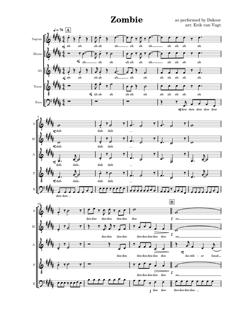 Zombie High Notes Zombie SMATB Sheet Music for Soprano, Alto, Tenor, Bass voice & more ...