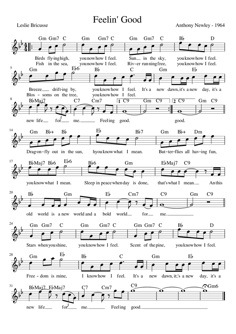 Evaluación Barrio bajo camarera Feeling Good - 1964 (Leadsheet) Sheet music for Piano (Solo) | Musescore.com