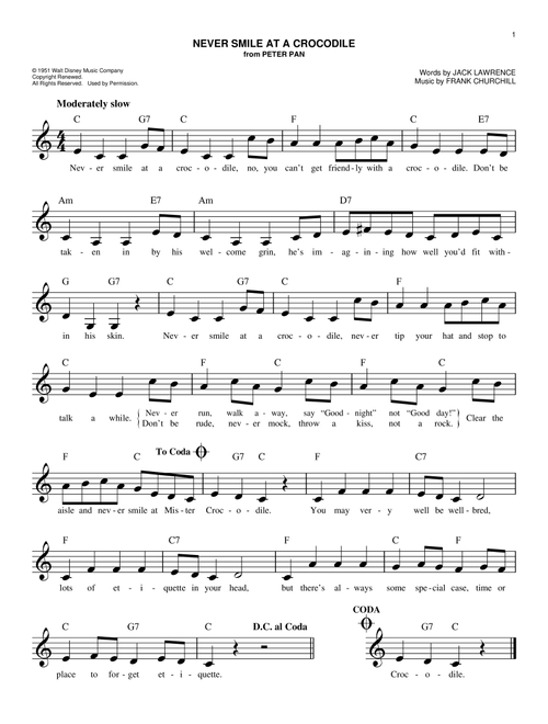 Never Smile At A Crocodile - Jack Lawrence, Frank Churchill (Easy Lead Sheet - Fake Book)