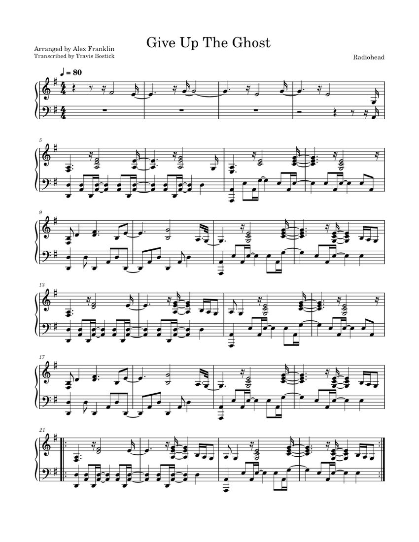 Give Up The Ghost - Radiohead Sheet Music for Piano (Solo