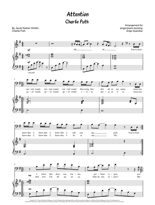 Attention (Arr. Antje Günther) - Charlie Puth (Piano Vocal)