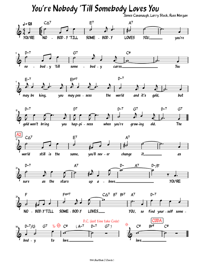 You're Nobody 'Till Somebody Loves You (Lead sheet with lyrics ) Sheet