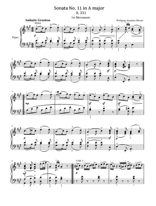 Mozart - Piano Sonata No.11 in A major, K.331/300i - 1st Mov - Original With Fingered For Piano Solo (Arr. poon) - Wolfgang Amadeus Mozart (Piano Solo)