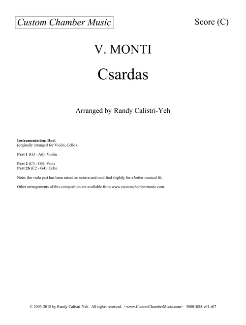 Monti Csardas (Czardas): duet for violin and cello/viola (Arr. Randy Calistri-Yeh) - Vittorio Monti (Instrumental Duet)