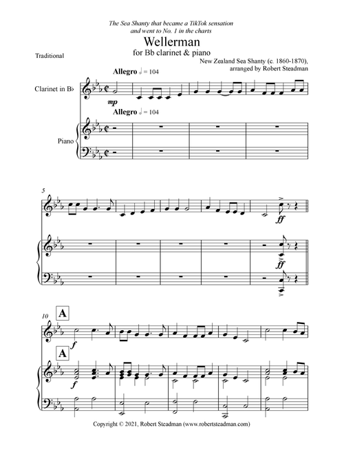 Wellerman (Bb Clarinet & Piano) (Arr. Robert Steadman) - Unknown, New Zealand Sea Shanty c.1860 (Clarinet and Piano)