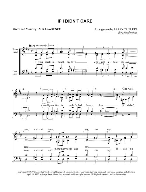If I Didn't Care (Arr. Larry Triplett) - Jack Lawrence (Choral, SATB)