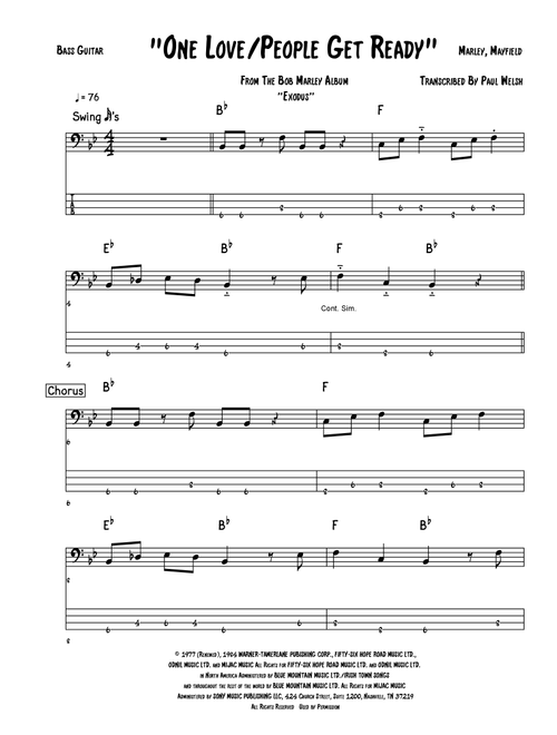 One Love (people Get Ready) (Arr. Accubass) - Bob Marley (Bass Tab)