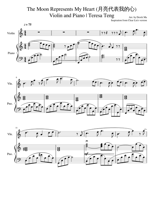 Moon Represents My Heart for Violin + Piano
