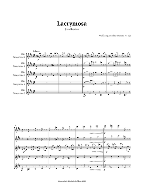 Queen of the Night Aria by Mozart for Alto Sax Quintet (Arr. Ander) (Woodwind Ensemble)