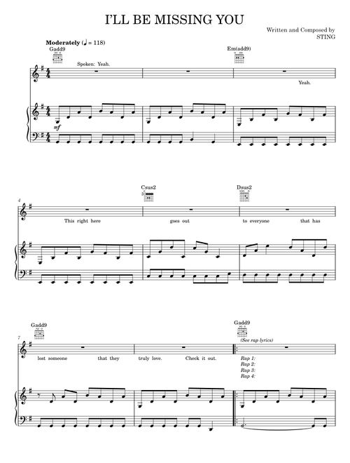 I'll Be Missing You - Puff Daddy & Faith Evans featuring 112, Sting (Piano-Vocal-Guitar)