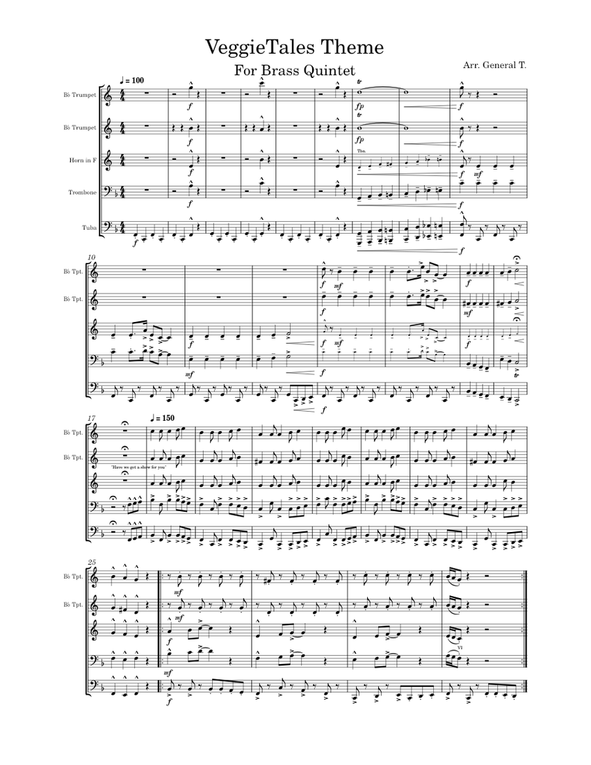 VeggieTales Brass Quintet Sheet Music for Trombone, Tuba, Trumpet in b ...