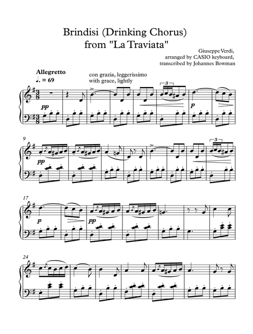 Brindisi (from "La Traviata) (easy piano version) (Arr. Johannes Bowman (BowString Music)) - Giuseppe Verdi (Piano Solo)