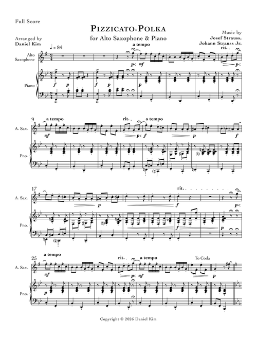 Pizzicato-Polka (Alto Sax & Piano) (Arr. Daniel Kim) - Johann Strauss Jr, Josef Strauss (Alto Sax and Piano)
