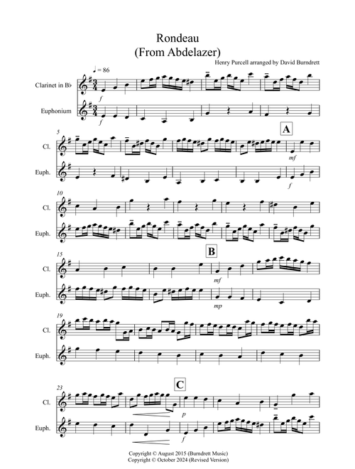 Rondeau (from Abdelazer) for Clarinet and Euphonium Duet (Arr. David Burndrett) - Henry Purcell (Instrumental Duet)
