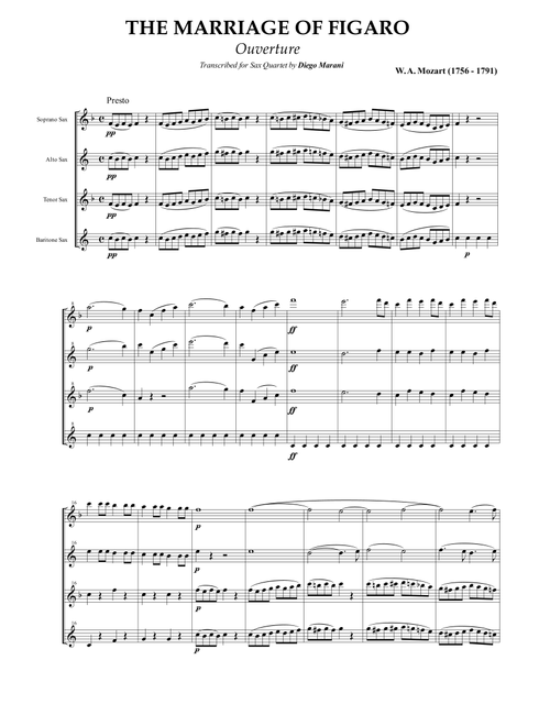 Overture from the opera "The Marriage of Figaro" for Saxophone Quartet (SATB) (Arr. Diego Marani) - Mozart (Woodwind Ensemble)
