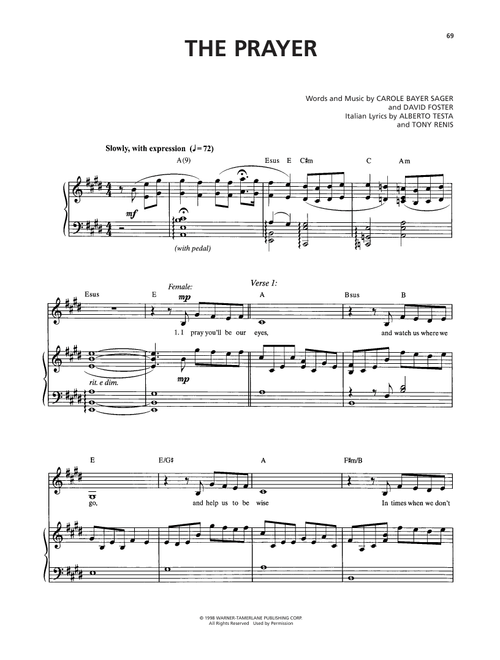 The Prayer - Josh Groban & Charlotte Church, Celine Dion & Andrea Bocelli (Piano-Vocal-Guitar)