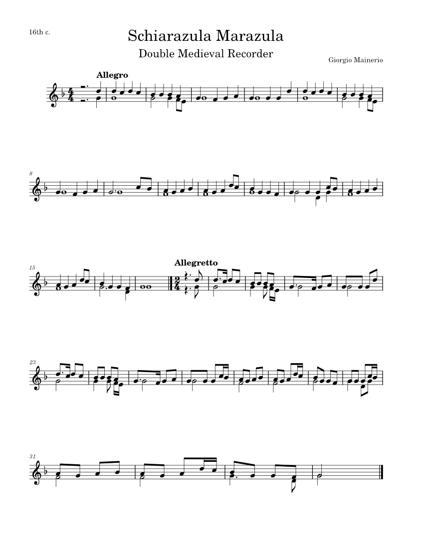 Schiarazula Marazula – Giorgio Mainerio Schiarazula Marazula DR Sheet