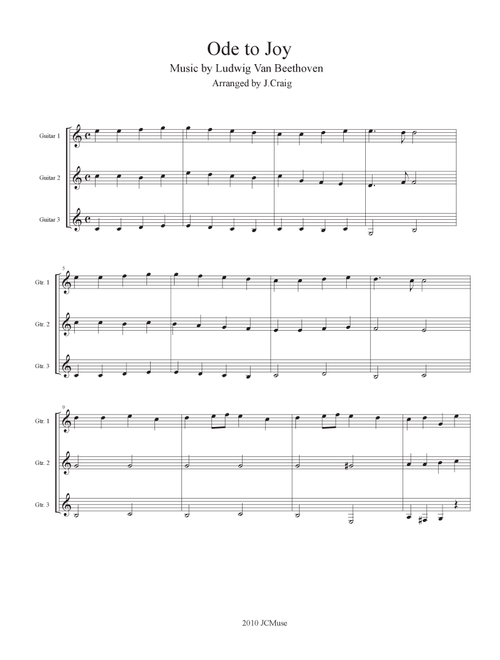 Ode to Joy Easy Guitar Trio (Arr. Justin Craig) - Ludwig van Beethoven (Guitar Ensemble)