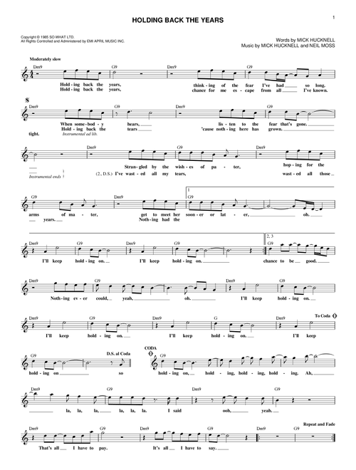 Holding Back The Years - Simply Red (Lead Sheet - Fake Book)