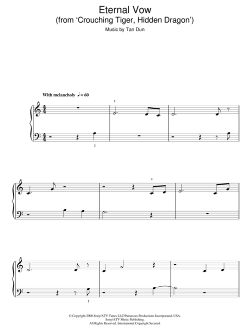 The Eternal Vow from Crouching Tiger, Hidden Dragon - Tan Dun (Easy Piano)