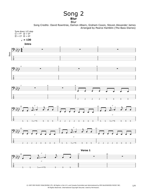 Song 2 (Arr. The Bass Diaries) - Blur (Bass Tab)