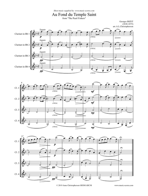 Au Fond du Temple Saint: theme only, from The Pearl Fishers: Clarinet Quartet (Arr. Anne L Christopherson GRSM ARCM) - Bizet,Georges (Clarinet Solo)