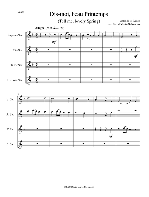 Dis-moi, beau printemps (Tell me, lovely Spring) for saxophone quartet (Arr. David Warin Solomons) - Orlando di Lasso (Woodwind Ensemble)