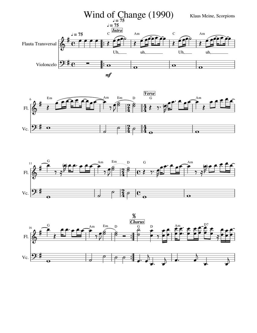 値下げ・CHANGES for 7 Flutes スコア&パート譜 Wind of Change (com Cifra) Sheet Music with Chords for Flute