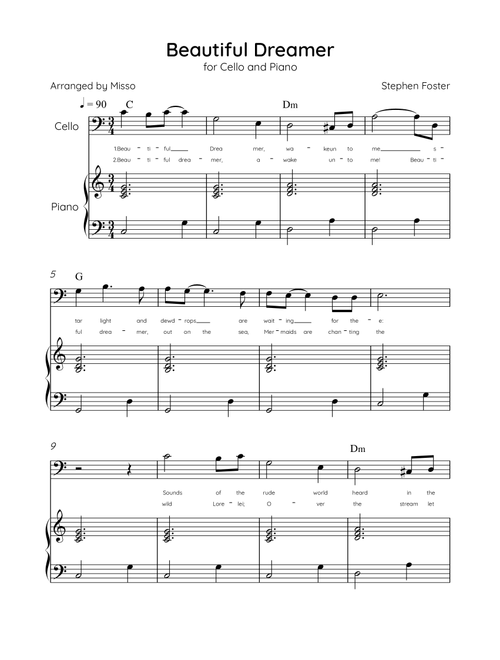 Beautiful Dreamer - Cello and Piano in C Major Easy - Lyrics & Chords (Version Tom Roush) (Arr. Misso) (Cello and Piano)