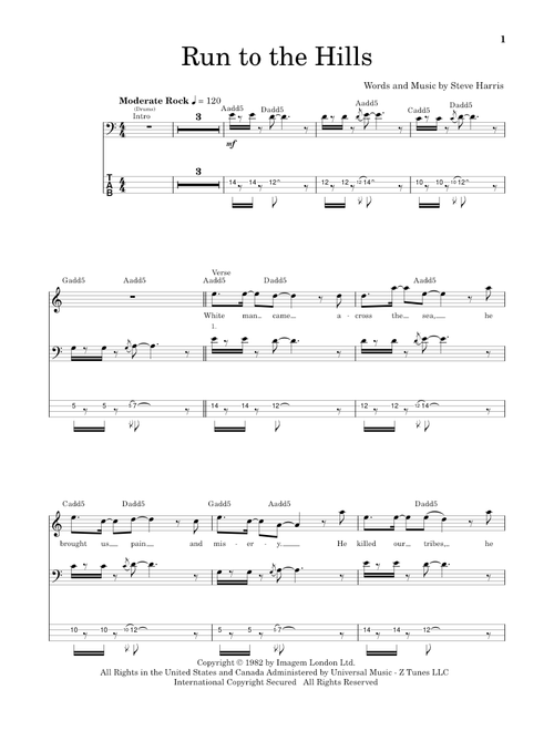 Run To The Hills - Iron Maiden (Bass Tab)