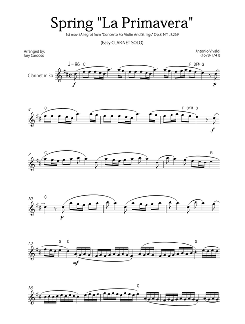 "Spring" (La Primavera) by Vivaldi - Easy version for CLARINET SOLO (Arr. Iury Cardoso) - Antonio Vivaldi (Clarinet Solo)