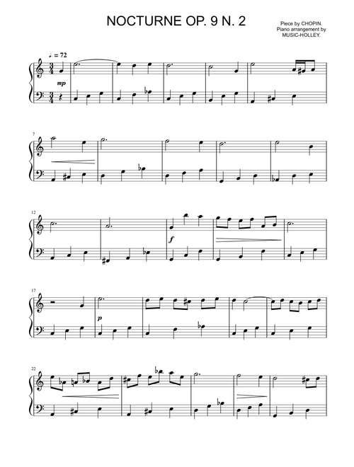 Chopin - Nocturne op.9, n.2 (in C, easy piano sheet) (Arr. Music-holley) - Frédéric Chopin (Instrumental Duet and Piano)