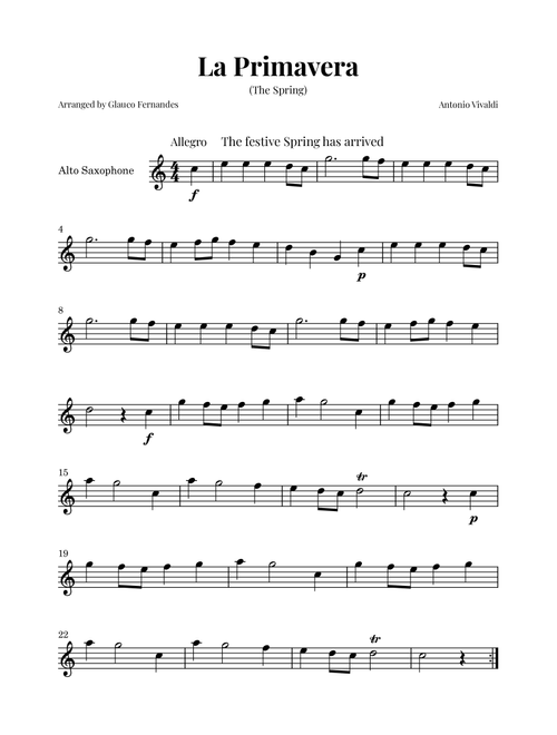 La Primavera (The Spring) by Vivaldi - Alto Saxophone Solo (Arr. Glauco Fernandes) - Antonio Vivaldi (Alto Sax Solo)
