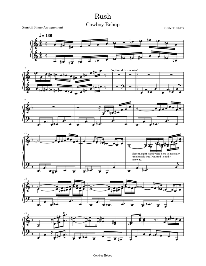 Cowboy Bebop - Rush (Piano Arrangement) Sheet Music for