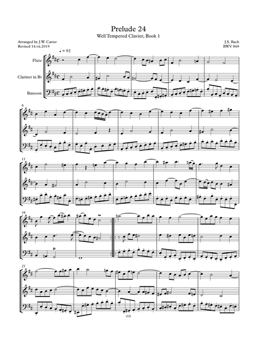 Prelude 24, WTC I, BWV 869, by J.S. Bach, arranged for Flute, Clarinet and Bassoon (Arr. J.W. Carter) (Small Ensemble)