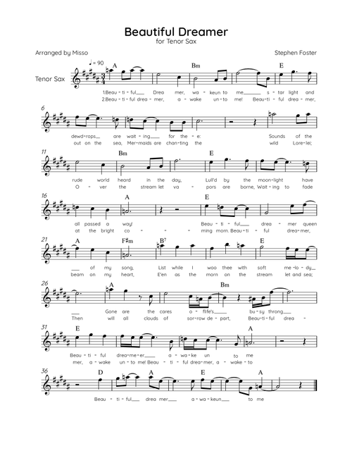 Beautiful Dreamer - Solo Tenor Sax in A Major Easy - Lyrics & Chords (Version Tom Roush) (Arr. Misso) (Tenor Sax Solo)