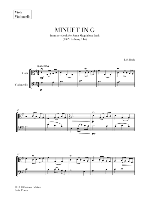 Minuet in G (from Anna Magdalena Notebook) for Viola and Cello Duet (String Duet) (Arr. Cadenza Editions) - Johann Sebastian Bach (Instrumental Duet)