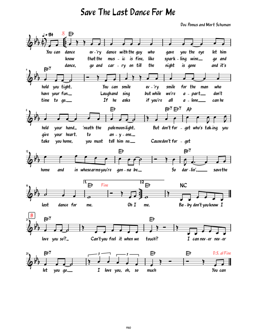 Save the Last Dance for Me (Lead sheet with lyrics ) Sheet music for
