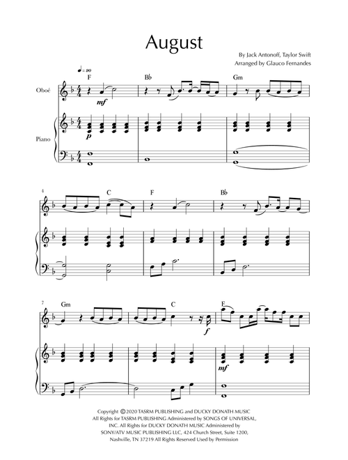 August (Arr. Glauco Fernandes) - Taylor Swift (Oboe and Piano)