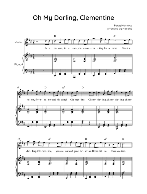 Oh My Darling, Clementine - Violin & Piano in D With Chords & Lyric - Easy (Arr. MissoRB) - Percy Montrose (Violin and Piano)