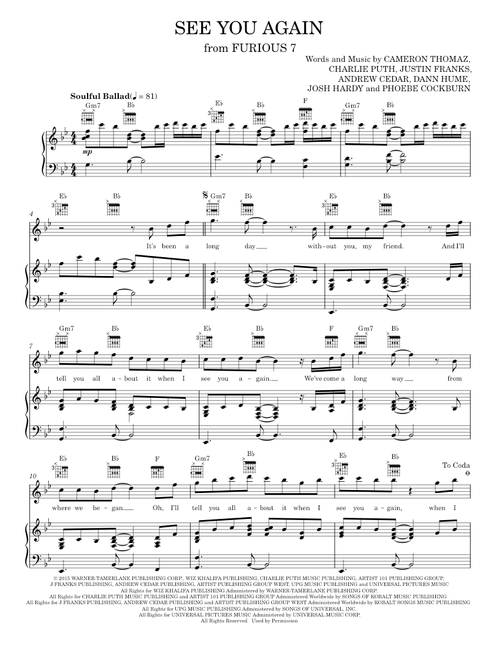 See You Again (feat. Charlie Puth) - Charlie Puth, Wiz Khalifa (Piano-Vocal-Guitar)