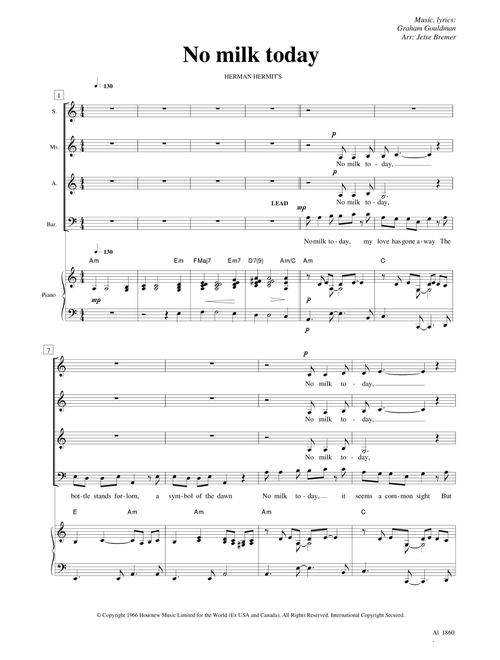 No Milk Today (Arr. Jetse Bremer) - Herman's Hermits (Choral, 4-Part)
