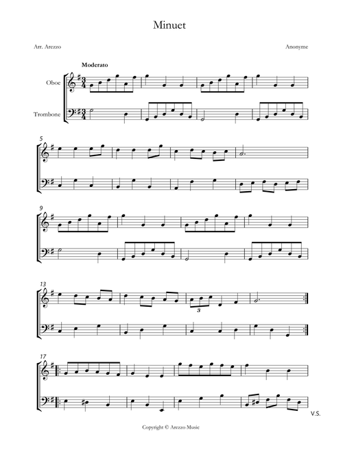 bach bwv anh. 116 minuet in g major Oboe and Trombone sheet music (Arr. Arezzo Music) - Johann Sebastian Bach (Instrumental Duet)
