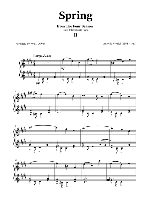 Vivaldi - The Four Seasons - Spring - 2 st mov. - Easy Intermediate Piano (Arr. Walt Oliver) - Antonio Vivaldi (Easy Piano)