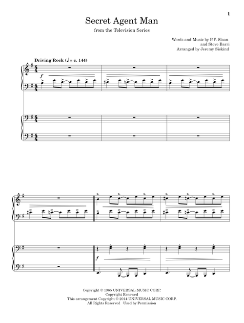 Secret Agent Man (Arr. Jeremy Siskind) - Johnny Rivers (Piano Duet)