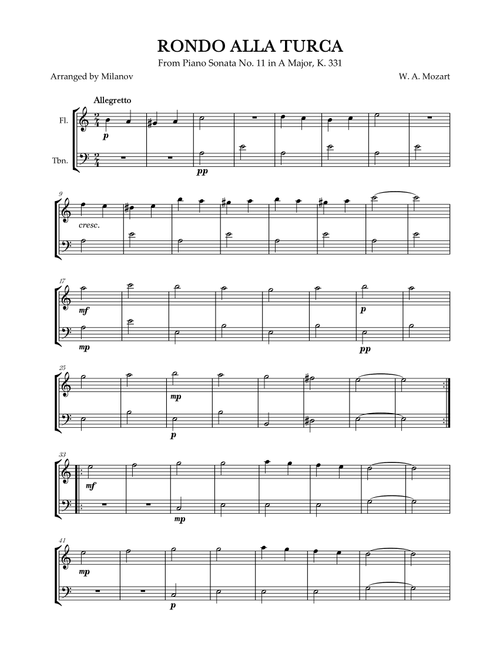 Rondo Alla Turca | Mozart | flute and trombone duet | easy beginner (Arr. Milanov) - W A Mozart (Instrumental Duet)