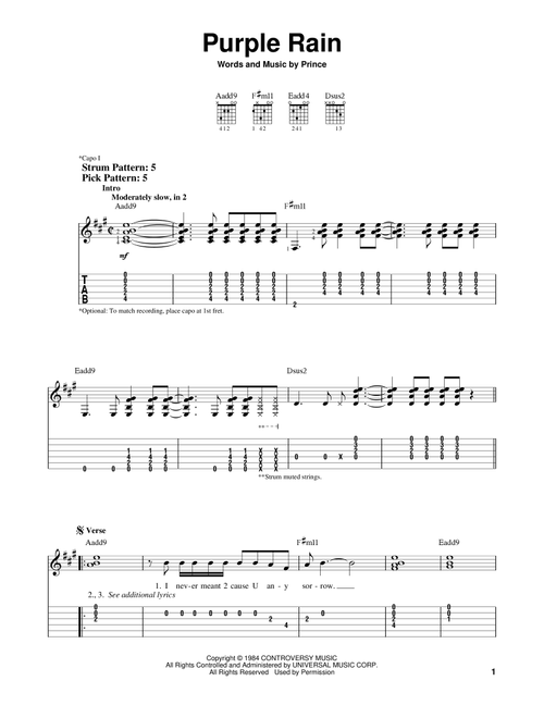 Purple Rain - Prince (Easy Guitar with TAB)