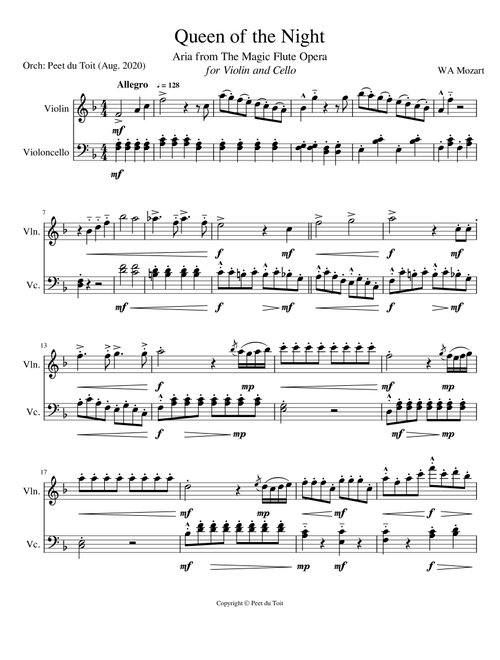 Queen of the Night aria from The Magic Flute opera. K.620 - WA Mozart (Violin & Cello) (Arr. Peet du Toit) - Wolfgang Amadeus Mozart (Instrumental Duet)