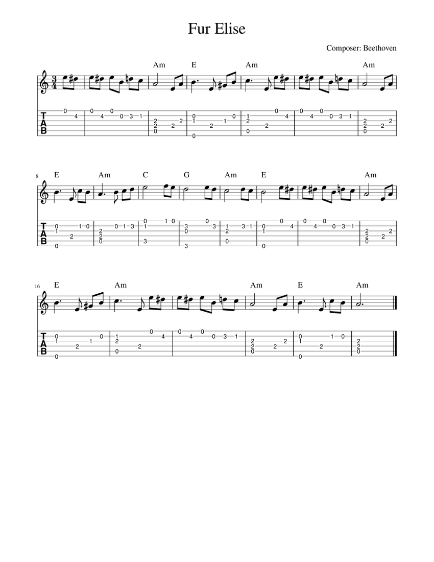 Fur Elise Fingerstyle Guitar Tab Sheet music for Guitar